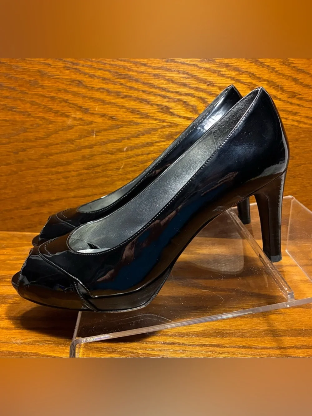 Stuart Weitzman Cut Out Peep Toe Platform Pumps Black Patent Leather Size 8.5